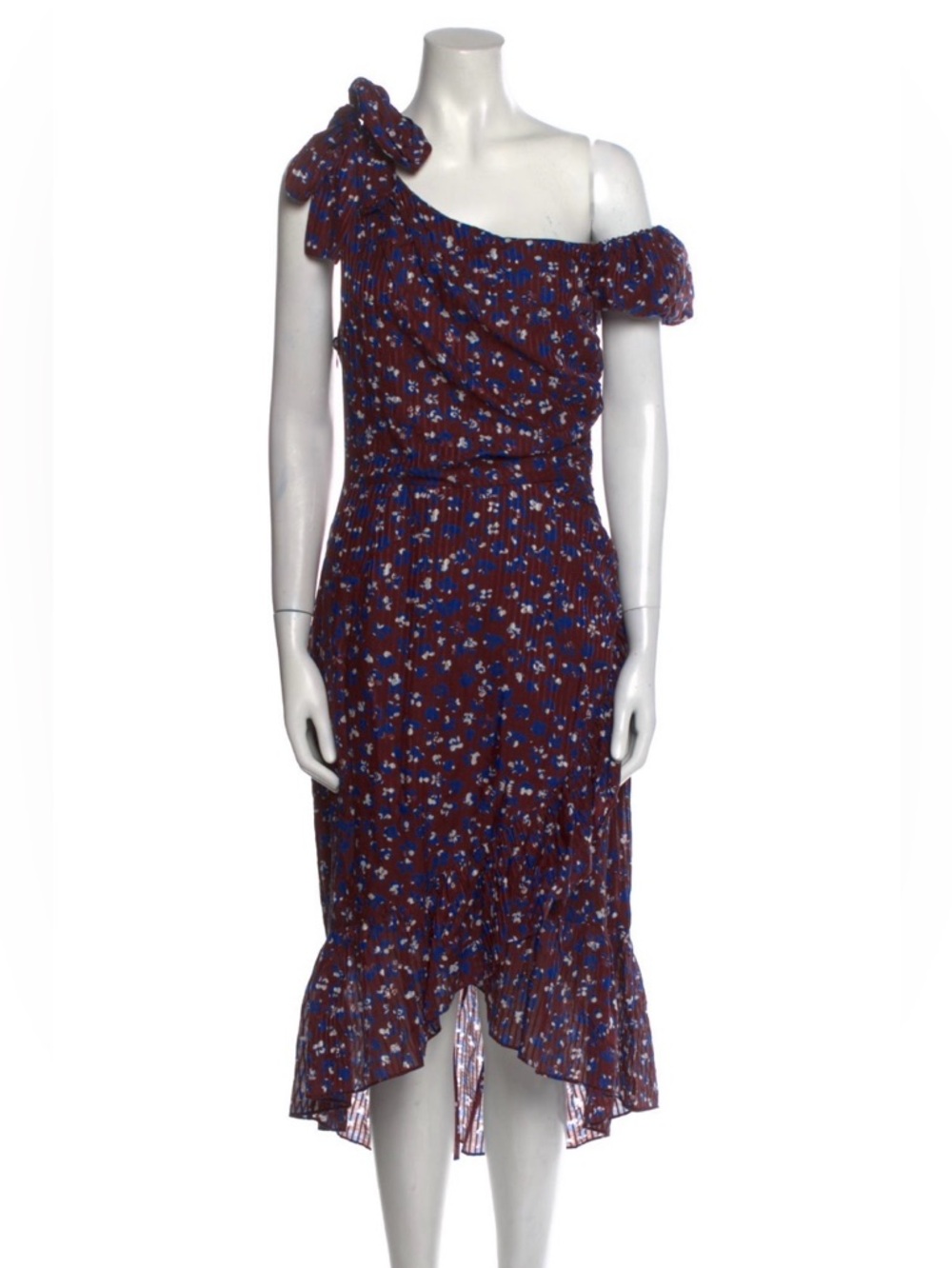 Ulla Johnson One-Shoulder Floral Midi Dress in Burgundy and Blue